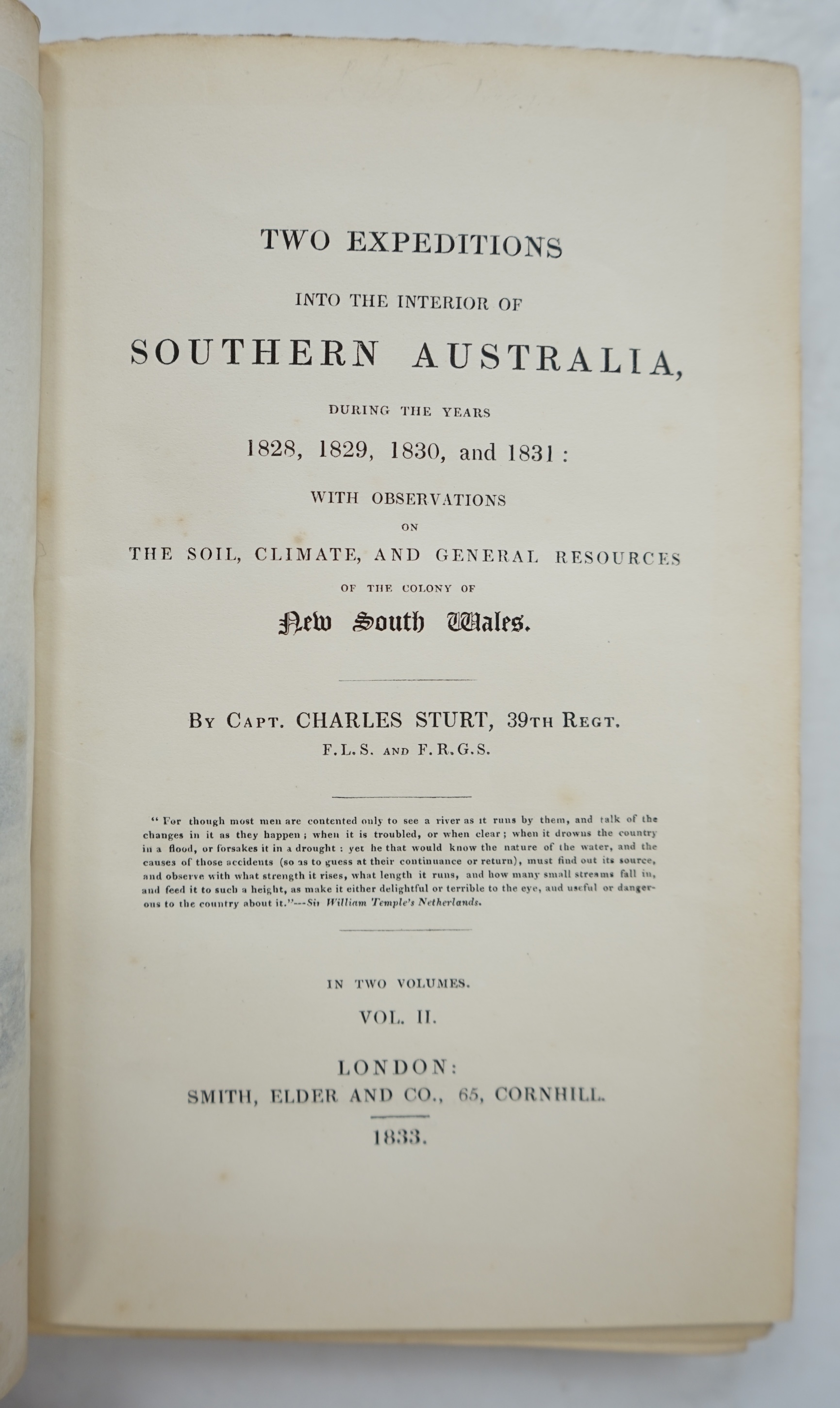 Sturt, Captain Charles - Two Expeditions into the Interior of Southern Australia ... with Observations on ... the Colony of New South Wales. 1st edition, 2 vols. 14 lithographed plates (4 of birds hand coloured), a chart